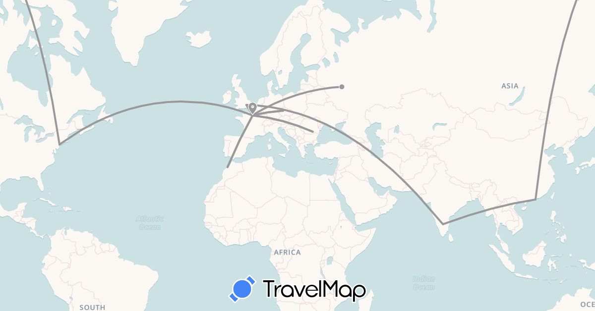 TravelMap itinerary: plane in Czech Republic, France, United Kingdom, Hong Kong, India, Morocco, Romania, Russia, United States (Africa, Asia, Europe, North America)